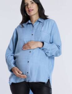 motherhood maternity cozy chambray button-down